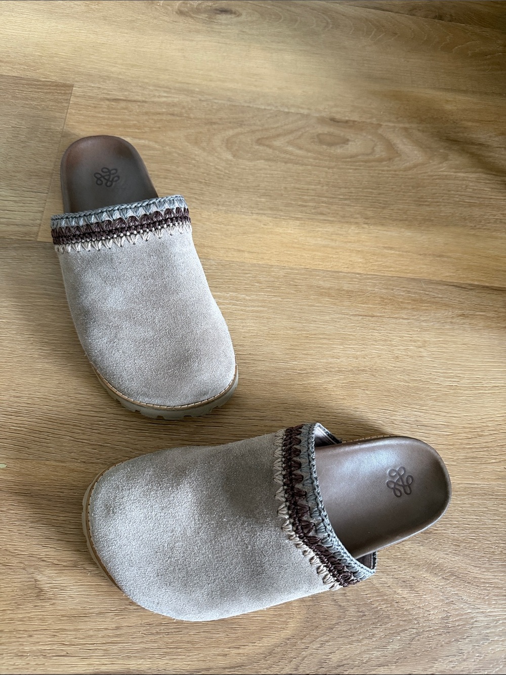 The Sak Taupe Suede Clogs with Brown Trim